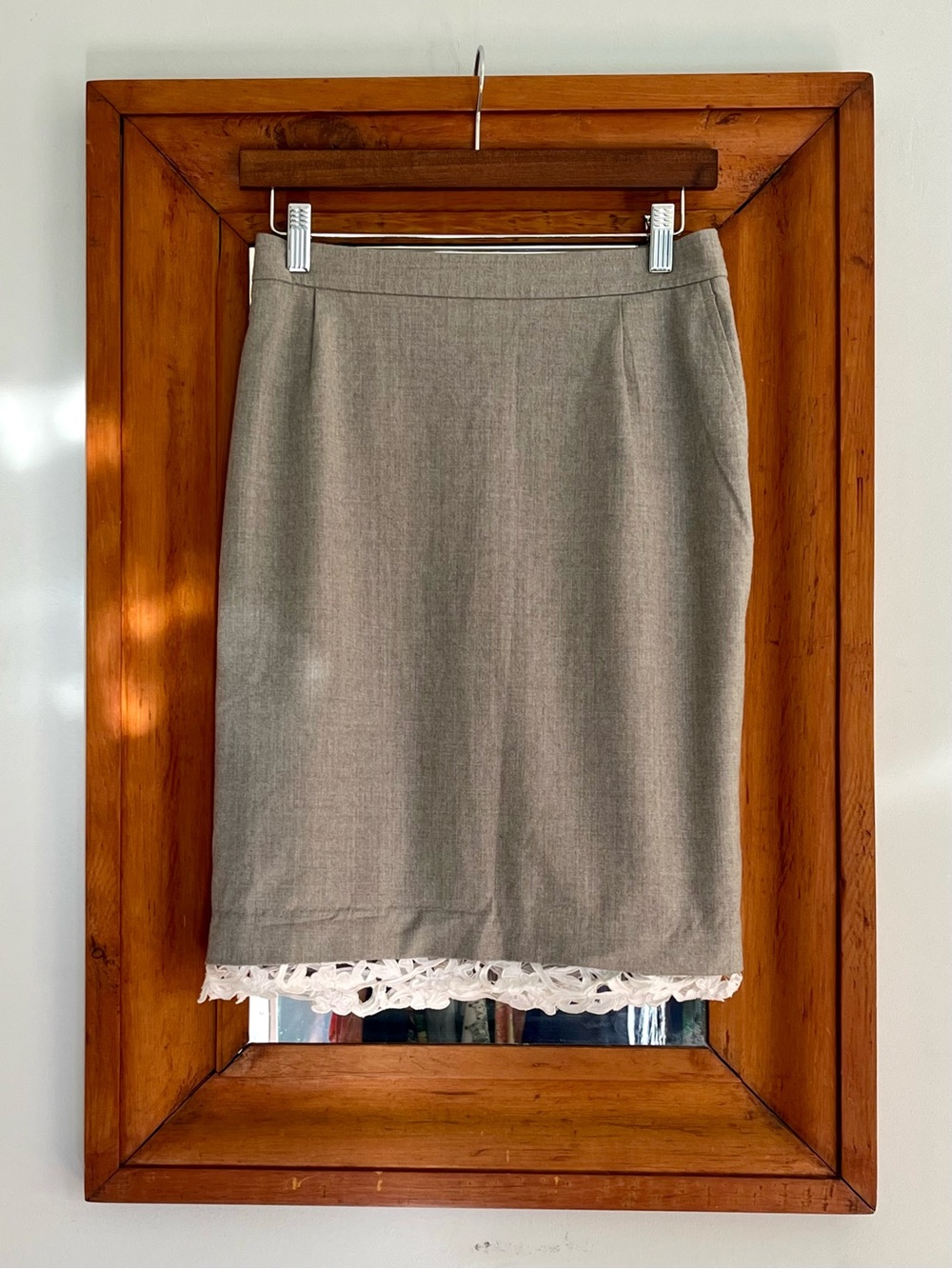 Y2K 2004 Vintage Yves Saint Laurent Gray Pencil Skirt with Lace Hem